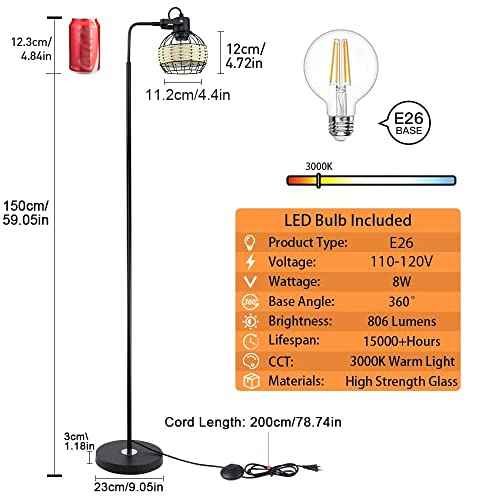 DLLT LED Floor Lamp, Adjustable Head Standing Lamp with Heavy Metal Based, Farmhouse Tall Rattan Floor Lamps Reading Lighting for Living Room, Bedroom, Study Room, Office, 8W 3000K E26 Bulb Included