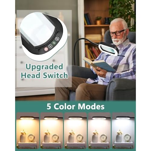 10X Rectangle Magnifying Glass with Light and Stand, 24" Flexible Gooseneck 3-in-1 Floor Lamp, 5 Color Modes Stepless Dimmable, LED Lighted Hands Free Magnifier for Reading Crafts Painting Close Work