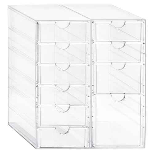 Prsildan Acrylic Drawer Makeup Organizer with 10 Drawers, Set of 2 Office Desk Organizers Accessories, Clear Stackable Storage Drawers for Vanity, Countertop, Craft, Jewelry, Art Supply Organization