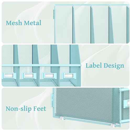 SUPEASY Desk Organizers Metal Desk Magazine File Holder with 5 Vertical Compartments Rack File Organizer for Office Desktop, Home Workspace, Blue