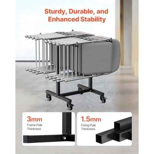 VEVOR Folding Chair Rack, 200 LBS Capacity, T-Shape Chair Cart for 14 Chairs, Heavy-Duty Metal Chair Storage Dolly with Rubber Wheels, Multi-Function Chair Holder for Party Event,Hotel, Matte Black