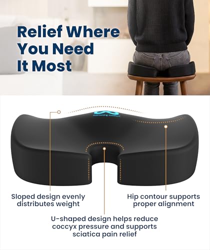 Everlasting Comfort Memory Foam Seat Cushion for Office & Car – Large Black, Ergonomic Tailbone Support