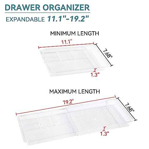 Oubonun Expandable Drawer Organizer 11.1¡± to 19.2¡± Width, Shallow Cosmetic Organizer 1.3¡± Height, 2 Packs, Clear Plastic Storage Trays for Dressing Table,Bathroom