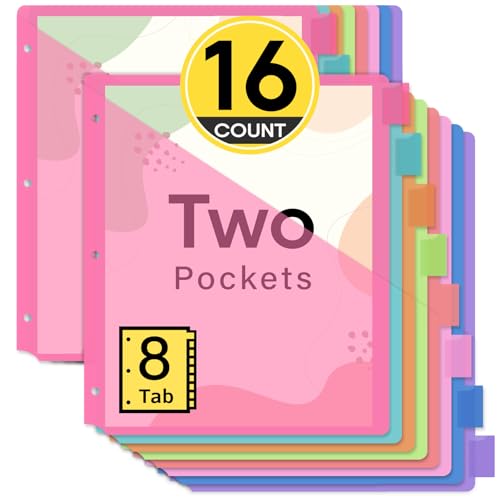 2 Set Taja 16-Count Binder Dividers with 2 Pockets & 8 Writable Tabs for 3-Ring Binders
