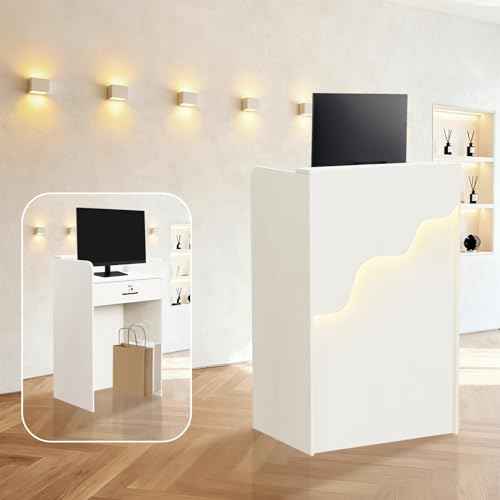 Small Reception Desk with Counter LED Light, Modern Front Desk with Lockable Drawer, White Retail Checkout Counter for Clothing Store Lobby Beauty Salon (White, 37.8x23.6x15.7in)