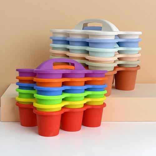 RAUVOLFIA 6 Pack Classroom Caddy Storage Basket with Handle, Plastic Drink Cup Caddy Holder, 6 Compartments for Kids, Table, Office, Arts, Crafts, Crayon, Marker, Pencil, School Supplies (Boho)