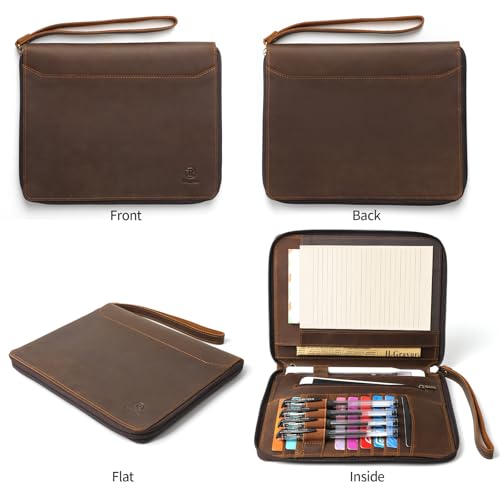 Ringsun Genuine Leather Portfolio with Zipper, Padfolio Portfolio Organizer Folder for Men Women, Professional Business Card Holder for A5 Letter Size Notepad, Resume, Writing Pad, Pen Loop
