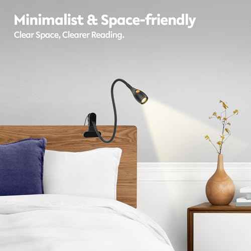 acegoo Minimalist Reading Light for Bed Headboard Dimmable Book Light Clip on Lamp with USB-C Adapter, Flexible Gooseneck & Handy Lamp Head Switch, CRI 95+