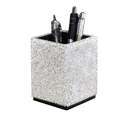 Bestbling crystal Pencil Pen Pot Holder Box Bling Rhinestone Pen organizer Holder Cosmetic Pen Container (Silver, Spquare)
