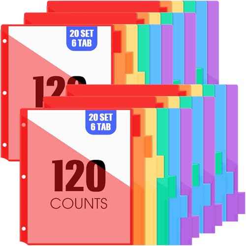 Chuangdi 120 Count Binder Dividers with Tabs Pockets 20 Sets 6 Tab Multicolor Plastic Dividers for 3 Ring Binder for School Office Document Organizers Protection