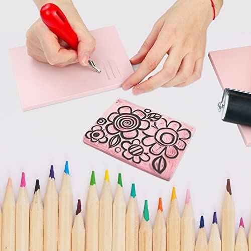 4 Pack Rubber Block Stamp Carving Blocks with Cutter Tools and Rubber Brayer Roller for Printmaking and More Crafts