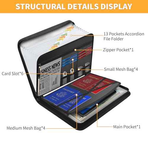 JUNDUN 5200¢µ Fireproof Document Organizer, Multi-Pockets Accordion File Organizer with Zipper & Labels, Upgraded Heat Insulated 13 Pockets Expanding File Folder for Letter A4 Files and More