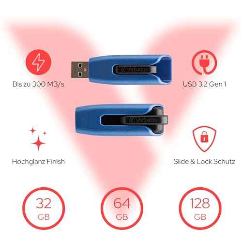 Verbatim 128GB USB 3.0 Store 'n' Go V3 Max Flash Drive - Cap-Less & PC / Mac Compatible - Blue