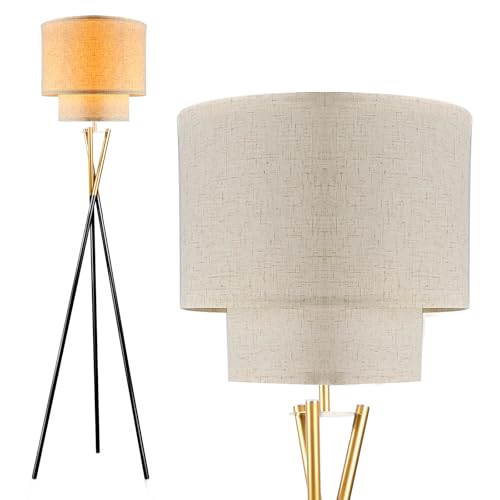 Lightdot Tripod Floor Lamp, Modern Floor Lamps for Living Room, Standing Lamp with Double Linen Shade, E26 Bulb Included, 67.7" Tall Floor Lamp for Bedroom, Home Office