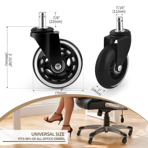 3-Inch Rubber Office Chair Wheels Replacement Caster Set of 5