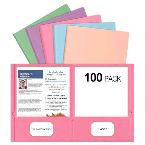 HABGP Two Pocket Folders, 100 Pack 2 Pocket Folders Fit Letter Size Paper, Pastel Paper File Folders with Pockets for School Office Home Business, Assorted 5 Colors