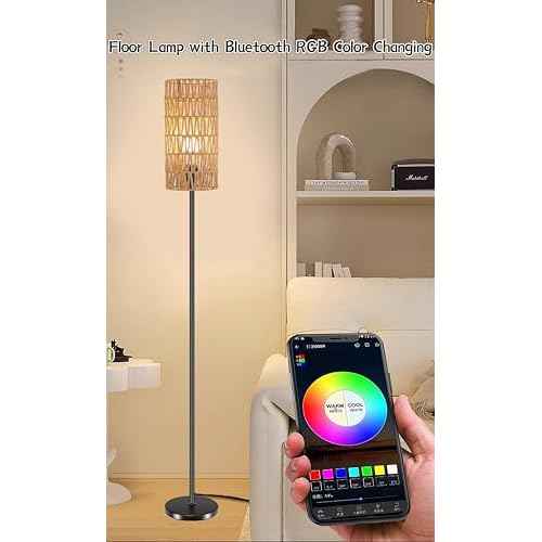 Floor Lamp for Living Room,Farmhouse Rattan Floor lamp,Modern Standing lamp with Hand-Worked Rattan Shade,RGB Bulb with Remote Controller