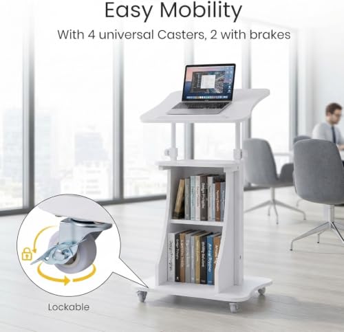 POWERSTONE Sit-to-Stand Mobile Lectern Podium with Storage, White, 27"-47.5"