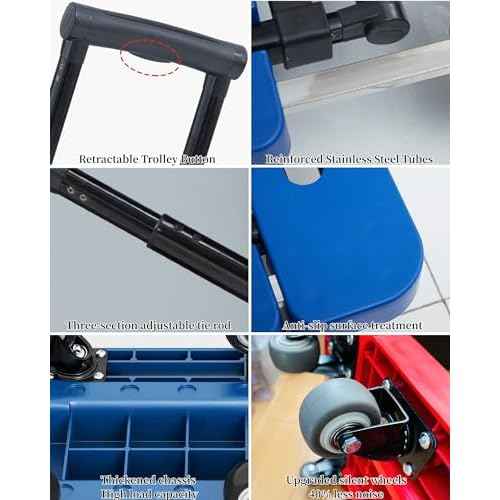 Folding Hand Truck 500lb Heavy Duty - 6 Wheel Luggage Cart with Extendable Base, 3-Height Adjustable Handle & 2 Bungee Cords for Airport, Moving, Warehouse Black