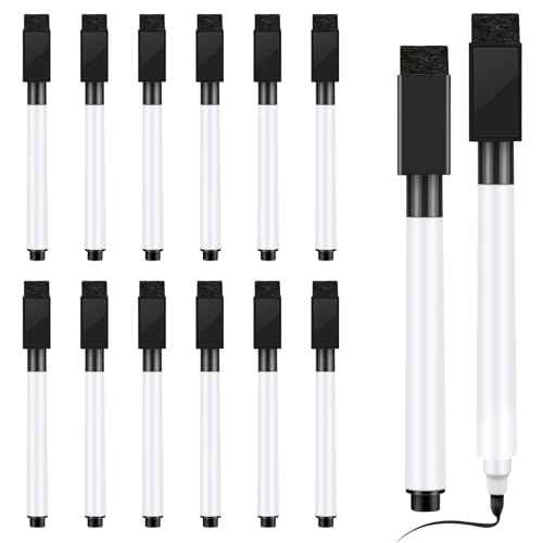 12 Pcs Black Dry Erase Markers, Whiteboard Dry Erase Markers Fine Tip Small Magnetic Dry Erase Marker with Eraser Cap for School, Home, Office Supplies