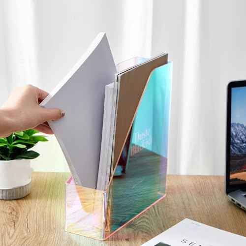 2 Pcs Iridescent Vertical Magazine File Holder Acrylic Magazine Holder Storage Organizer Plastic Clear Acrylic Rack for Office Classroom Home Document Paper Book Collection