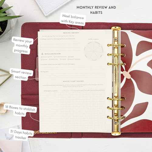 Bossy Girl Journey - A5 Daily Planner Binder ? Undated Time Blocking Refillable Organizer for Women with 110gsm Paper, PU Leather Cover, Stickers, Dividers, Pen Loop, Gift Box ? Goal Setting & Productivity (Granate)