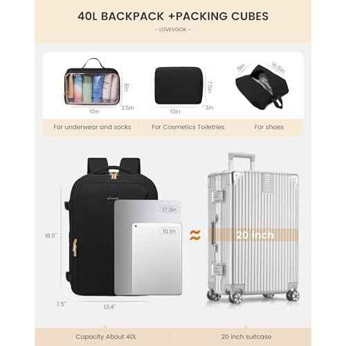 LOVEVOOK Travel Backpack For Women with Waist Strap, 40L Carry On Backpack Luggage Flight Approved,TSA Personal ltem Travel Bag Essentials Fits 17.3 Inch Laptop,Weekender Daypack with 3 Packing Cubes