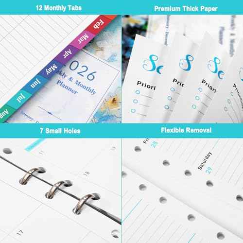 2026 Planner Refills - Planner Inserts with 7-Hole Punched, 5-1/2" x 8-1/2", Runs from Jan 2026 to Dec 2026, Weekly and Monthly Spread, Colorful Monthly Tabs