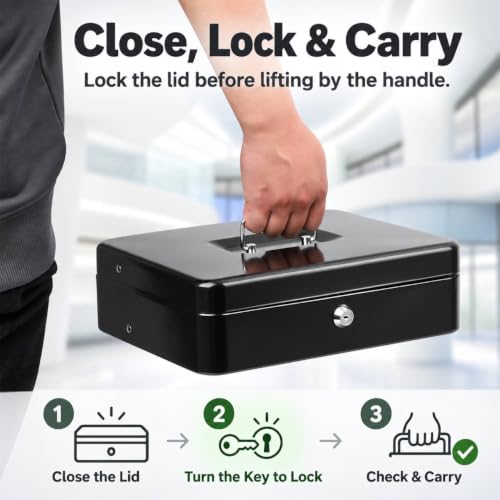 KYODOLED Black Metal Cash Box with Key Lock & Money Tray - 1mm Steel