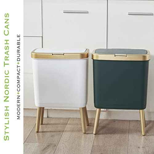 Procade Bathroom Trash Can with Lid, Plastic Garbage Can with Legs, 4 Gallon Gold Trash Bin with Push Button, Narrow White Trash Can Waste Basket for Bedroom, Living Room,Office£¬Dog Proof Trash Bin