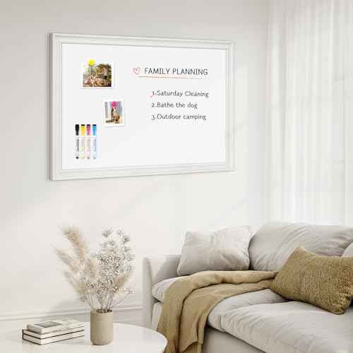 4 THOUGHT Dry Erase Board, 24 x 18 in Magnetic Whiteboard Wood Frame Wall-Mounted White Board Decorative Planner Notice Board for School, Office, Home, 8 Magnets 4 Markers 1 Eraser, White