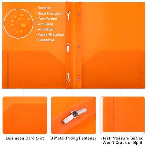 Cholemy 72 Packs Pocket Folders with Prongs Heavy Duty Plastic Folder with Business Card Slot 3 Prong Fasteners for School Office (Bright)