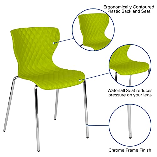 Emma + Oliver Citrus Green Plastic Stack Chair - Contemporary Diamond Quilt, Ergonomic 17W x 20D x 31H