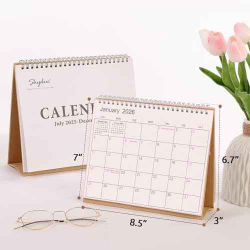 SKYDUE Small Desk Calendar 2025-2026, Jul. 2025 to Dec. 2026, 18 Months Small Desk Calendar with Planner Stickers, 8.5" x 7" Desktop Calendar Planner, Kraft