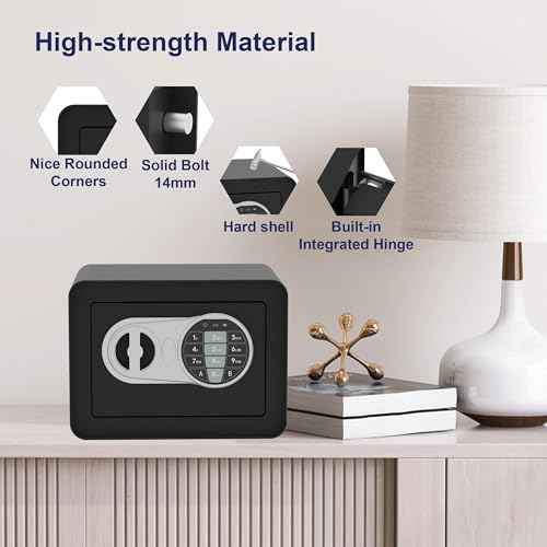 Small Safe Box - Home Safe for Money Jewelry Documents, Solid Lock Box, Mini Security Box for Kids with Digital Electronic Security Keypad for Home Office Hotel (Black)