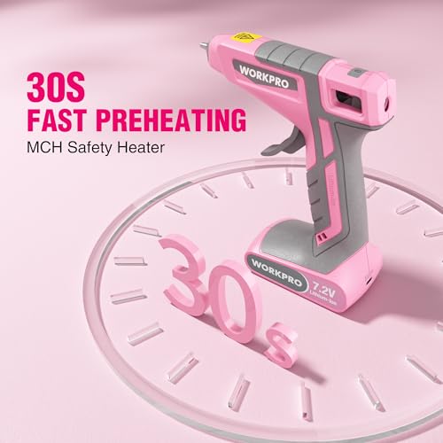 WORKPRO Pink Cordless Hot Melt Glue Gun with 20 Pcs Mini Glue Sticks (Pink)