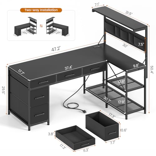 SEDETA Black Reversible L-Shaped Gaming Desk with LED Lights & Storage