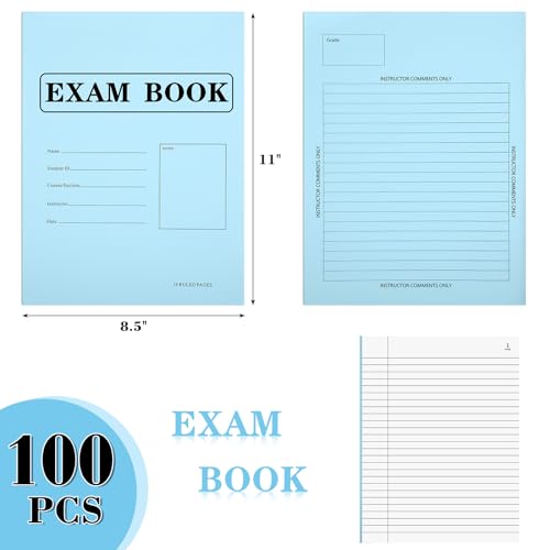 Skyygemm 100 Pack Books in Blue Color, 8.5" x 11" Blue Exam Books, 8 Sheets 16 Pages, Wide Ruled Saddle Stitched Examination Notebooks for School Test Business Office