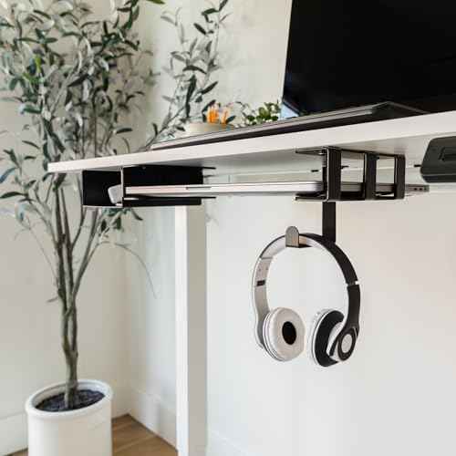VI+AL Under Desk Laptop Mount - Hidden Metal Shelf with Side Storage, Hook & Cable Organizer - Installs with Tape & Screws - Fits Devices up to 1.7" Thick - Deluxe