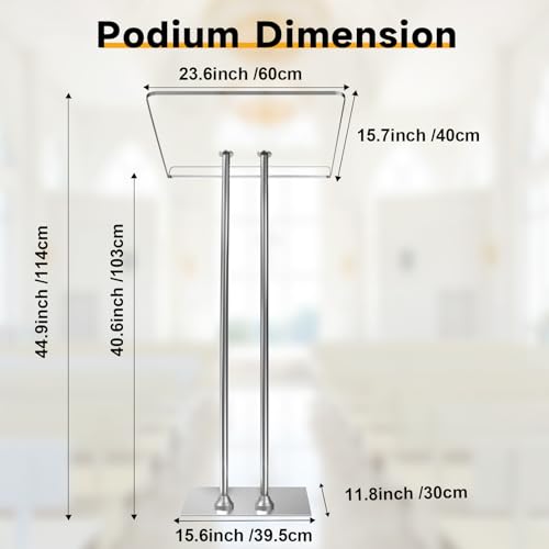 Vakiorn Silvery Acrylic Podium Lectern with 10mm Countertop, Stable Iron Bottom for Church, Classroom & Event