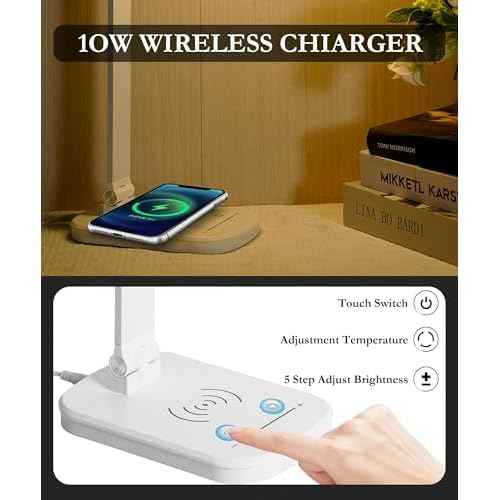LED Desk Lamp with Wireless Phone Charger, 21W Touch Control Dimmable Lamp, 5 Brightness and 3 Color Modes, Powered via DC Charging Cable (White)