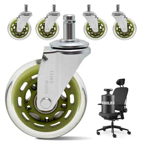 3" Office Chair Wheels Replacement, Roller Blade Wheels - Set of 5, 880LBS Heavy Duty, Noiseless & Rolling Casters (Hardwood/Carpet/Tile), Universal Fit Most Desk & Gaming Chairs, Transparent