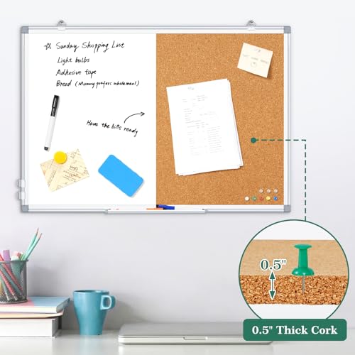AMUSIGHT 36x24 Silver Double Sided Magnetic White & Cork Board Combo