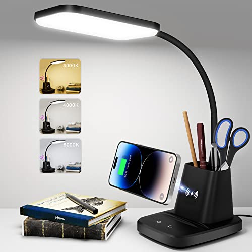Sailstar Black LED Desk Lamp with 10W Wireless Charger & Pen Holder - Adjustable Dimmable Light