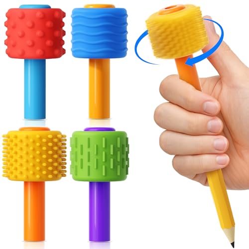 ELETIUO 4 in 1 Sensory Fidget Pencil Topper with Textured Spinners - Red+Blue, Blue+Yellow, Yellow+Orange, Green+Purple - Stress Relief & Focus Tool for ADHD & Autism