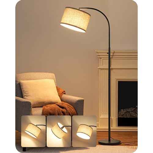 EDISHINE Black Arc Floor Lamp Dimmable, Standing Lights with Rotary Switch & Adjustable Line Lampshade, Tall Standing Lamp for Bedroom, Office, Reading Corner, A19 LED Bulb Included