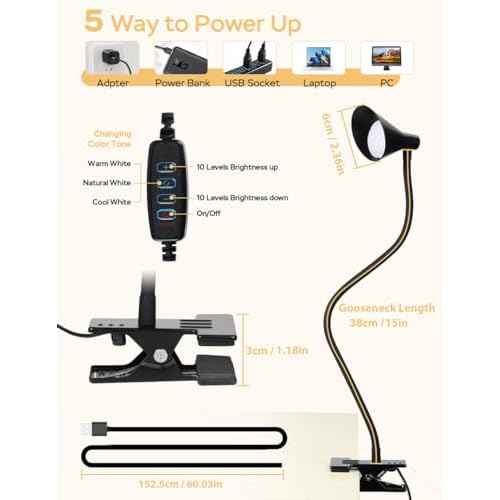 Clip on Light USB Reading Light 3 Color Modes 10 Brightness Levels Eye Care Clamp Light Flexible Gooseneck Dimmable Reading Lamp Clip on Lamp for Bed Headboard Desk Bedside Dorm (Black)