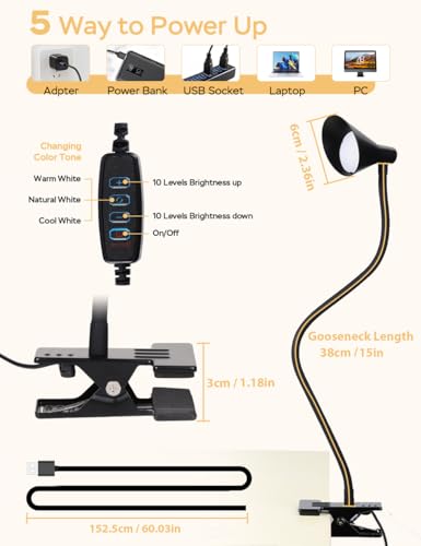 LiFMIRA Clip-On USB Reading Desk Lamp with 3 Color Modes Black