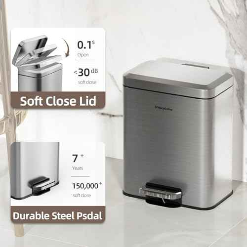 Small Bathroom Trash Can with Lid Soft Close, Stainless Steel Small Garbage Can with Removable Inner Bucket, Step Pedal, Trash Bins for Kitchen, Office, Bedroom, dorm, Brushed Gray (6L/1.6Gal)