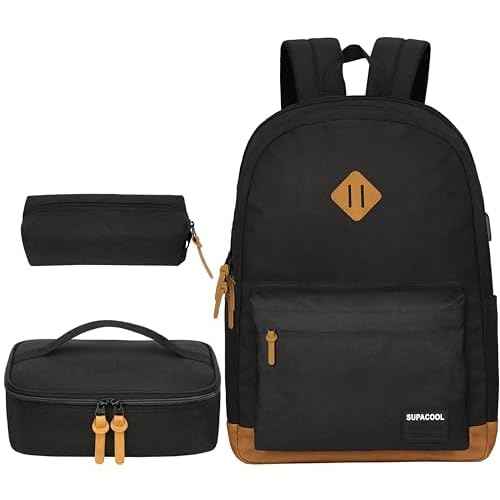 SUPACOOL Casual Laptop Backpack, Lunch bag, Pencil bag, School backpack with USB Port for Men and Women, Bookbag for Boys and Girls, Backpack Set(3PCS Black)
